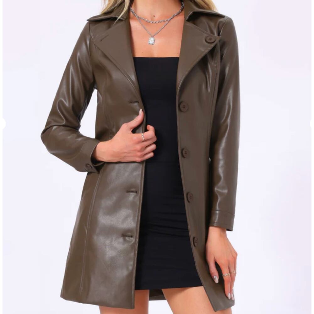 Allegra K NWT Brown Faux Leather Notched Lapel Collar Button Down Jacket Sz S
